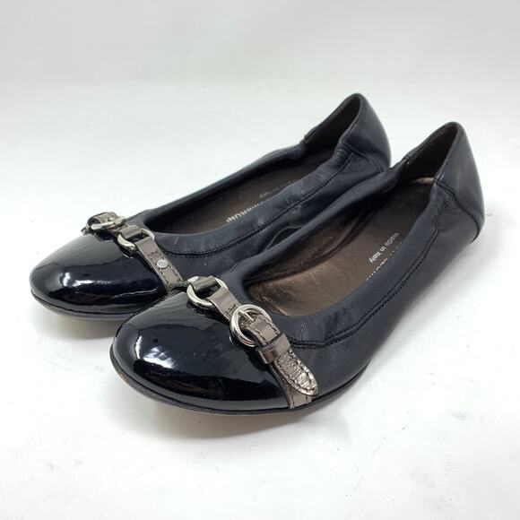 AGL Women's Size 37.5 US 7.5 Patent Cap Ballet Flats Black Round Toe Leather - Picture 2 of 6
